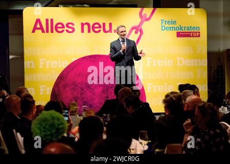 Potsdam, Allemagne. 14 février 2024. Christian Lindner (FDP), ministre fédéral des Finances, intervient lors du mercredi des cendres politique du FDP Brandebourg. Crédit : Fabian Sommer/dpa/Alamy Live News Banque D'Images