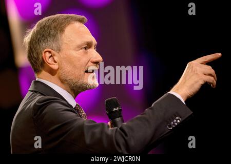 Potsdam, Allemagne. 14 février 2024. Christian Lindner (FDP), ministre fédéral des Finances, intervient lors du mercredi des cendres politique du FDP Brandebourg. Crédit : Fabian Sommer/dpa/Alamy Live News Banque D'Images