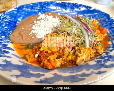 Gros plan d'une assiette mexicaine copieux avec œufs brouillés avec carne seca, tomate, oignon et un côté de haricots frits garni de fromage Banque D'Images