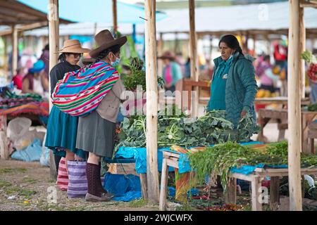 Femme péruvienne avec chapeau traditionnel achetant des légumes, marché indigène à Chinchero, région de Cusco, Pérou Banque D'Images