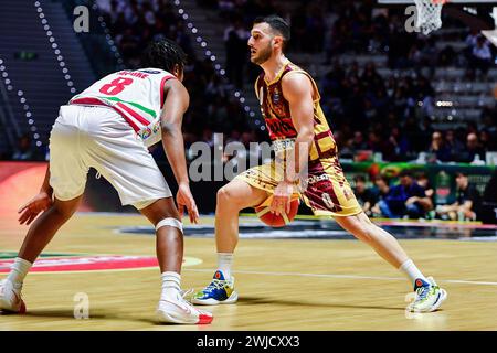 Torino, Italie. 14 février 2024. Umana Reyer Venezia Marco Spissu lors du match des quarts de finale du Frecciarossa final Eight basket entre Umana Reyer Venezia vs Estra Pistoia, à Turin, dans le nord de l'Italie - mercredi 14 FÉVRIER 2024. Sport - panier (photo de Marco Alpozzi/Lapresse) crédit : LaPresse/Alamy Live News Banque D'Images