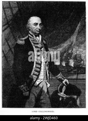 Gravure du contre-amiral Cuthbert, Lord Collingwood, (1748-1810), 1er baron Colingwood. Ami et successeur de Nelson, la personnalité particulière de Collingwood l'empêcha d'atteindre la popularité de son chef, mais il travailla lui-même jusqu'à la mort pour ce qu'il pensait être le bien du Service. Banque D'Images