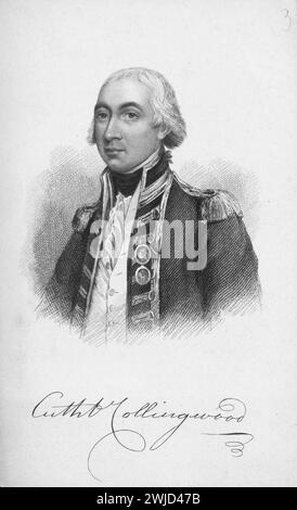 Gravure du contre-amiral Cuthbert, Lord Collingwood, (1748-1810), 1er baron Colingwood,. Ami et successeur de Nelson, la personnalité particulière de Collingwood l'empêcha d'atteindre la popularité de son chef, mais il travailla lui-même jusqu'à la mort pour ce qu'il pensait être le bien du Service. Banque D'Images