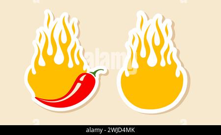 Autocollants vectoriels avec piment et feu pour offre spéciale. Vector Set bannières avec piment pour le prix chaud. Illustration de Vecteur