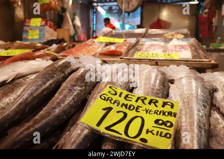 Non exclusif : 13 février 2024 à Mexico, Mexique : est vu au marché Nueva Vuga différentes variétés de poissons et de fruits de mer pour la saison du Carême Banque D'Images