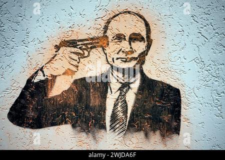 Graffity : Der russische Praesident Wladimir Putin mit einer Pistole an der Schlaefe (nur fuer redaktionelle Verwendung. Keine Werbung. Referenzdatenba Banque D'Images