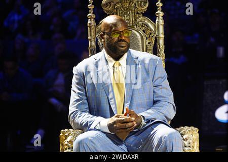 Orlando, Floride, États-Unis, 13 février 2024, Shaquille O'Neal assis pour sa cérémonie de retraite Jersey au Kia Center. (Crédit photo : Marty Jean-Louis/Alamy Live News Banque D'Images