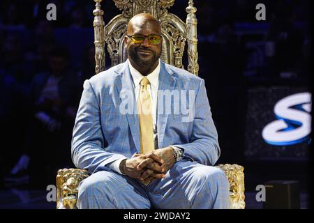 Orlando, Floride, États-Unis, 13 février 2024, Shaquille O'Neal assis pour sa cérémonie de retraite Jersey au Kia Center. (Crédit photo : Marty Jean-Louis/Alamy Live News Banque D'Images