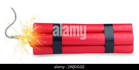 Bombe dynamite avec fusible allumé isolé sur blanc Banque D'Images