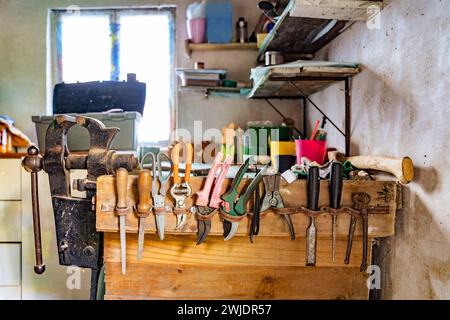 Lime, tournevis, marteau, pinces, outils de jardin sur une étagère en bois dans un garage Banque D'Images