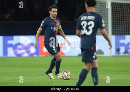 Paris, France. 14 février 2024. Marquinhos du PSG lors de la Ligue des Champions de l'UEFA, manche du 16e match de football entre le Paris Saint-Germain (PSG) et la Real Sociedad le 14 février 2024 au stade Parc des Princes à Paris, France - photo Jean Catuffe/DPPI crédit : DPPI Media/Alamy Live News Banque D'Images