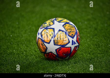 Paris, France. 14 février 2024. Cette photographie montre le ballon officiel du match de football de l'UEFA Champions League entre le Paris Saint-Germain et la Real Sociedad au stade du Parc des Princes à Paris, France, le 14 février 2024. Photo de Firas Abdullah/ABACAPRESS.COM crédit : Abaca Press/Alamy Live News Banque D'Images