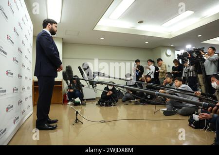 Tokyo, Japon. 15 février 2024. Aaron Wolf (JPN) Judo : le représentant japonais du judo pour les prochains Jeux Olympiques de Paris 2024 assiste à une conférence de presse à Tokyo, Japon . Crédit : Yohei Osada/AFLO SPORT/Alamy Live News Banque D'Images