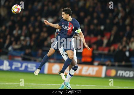 Paris, France. 14 février 2024. Marquinhos (PSG) Football/Football : UEFA Champions League Round of 16 match de 1ère manche entre le Paris Saint-Germain 2-0 Real Sociedad au Parc des Princes à Paris, France . Crédit : Mutsu Kawamori/AFLO/Alamy Live News Banque D'Images