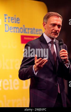 Potsdam, Allemagne. 14 février 2024. Christian Lindner (FDP), ministre fédéral des Finances, intervient lors du mercredi des cendres politique du FDP Brandebourg. Crédit : Fabian Sommer/dpa/Alamy Live News Banque D'Images