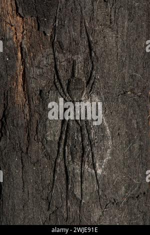 Une araignée à deux queues de Fickert parfaitement camouflée sur un tronc d'arbre carbonisé. Banque D'Images