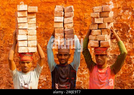 Dhaka, Dhaka, Bangladesh. 15 février 2024. Les ouvriers portent des piles de briques pesant plus de 20 kg sur la tête dans un four à Dhaka, au Bangladesh. Les ouvriers ''“ qui sont payés moins de Â£ 1 par quart ''“ se déplacent jusqu'à 2 500 briques par jour dans des conditions étouffantes. Environ 4 00 000 migrants à faible revenu arrivent à Dacca en provenance de différentes régions du pays chaque année pour travailler à brickfields. Les longues heures de travail sous le soleil brûlant dans les champs de briques, l'accumulation massive de poussière, le risque de tomber des camions et des piles de briques, et le transport de charges excessives posent de graves risques pour la santé du W. Banque D'Images