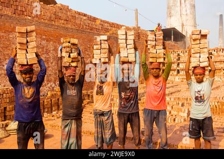 Dhaka, Dhaka, Bangladesh. 15 février 2024. Les ouvriers portent des piles de briques pesant plus de 20 kg sur la tête dans un four à Dhaka, au Bangladesh. Les ouvriers ''“ qui sont payés moins de Â£ 1 par quart ''“ se déplacent jusqu'à 2 500 briques par jour dans des conditions étouffantes. Environ 4 00 000 migrants à faible revenu arrivent à Dacca en provenance de différentes régions du pays chaque année pour travailler à brickfields. Les longues heures de travail sous le soleil brûlant dans les champs de briques, l'accumulation massive de poussière, le risque de tomber des camions et des piles de briques, et le transport de charges excessives posent de graves risques pour la santé du W. Banque D'Images