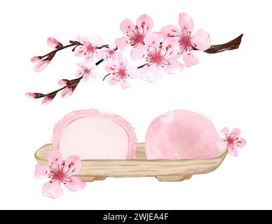 Desserts Hanami de saison, cuisine japonaise traditionnelle. Dessert mochi avec des fleurs de sakura isolé sur fond blanc. Aquarelle dessinée à la main illustrati Banque D'Images