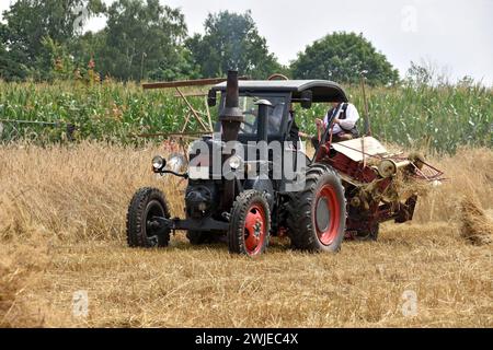 25.07.2021 historische Getreideernte Deutschland/ Sachsen Anhalt/ Altmark/ Altmarkkreis Salzwedel/ Diesdorf/ Freilichtmuseum/ historische Getreideernte mit alten Maschinen und Lanz Bulldog/ Traktor/ ***Nutzung nur redaktionell***/ *** 25 07 2021 historique récolte des céréales Allemagne Saxe Anhalt Altmark Altmarkkreis Salzwedel Diesdorf musée en plein air historique récolte de céréales avec de vieilles machines et tracteur Lanz Bulldog à des fins éditoriales uniquement Banque D'Images