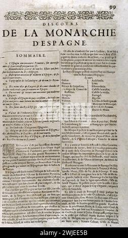 'Les Estats, Empires, Royaumes et Principautez du monde', par D.T. V. Y. (Pierre d'Avity, 1573-1635). Déclaration de la monarchie d'Espagne, résumé. Édition imprimée à Genève par Samuel Chouët, 1665. Banque D'Images