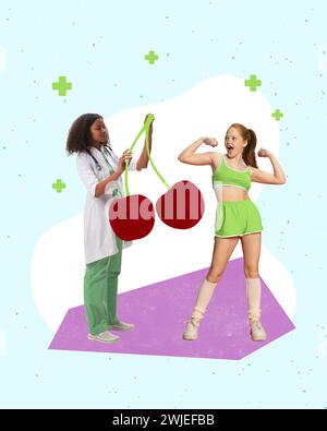 Œuvres d'art esthétiques modernes. Femme afro-américaine tient des cerises et le propose à une dame saine et en forme faisant des exercices avec des haltères. Banque D'Images