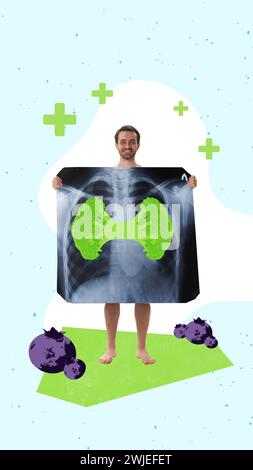 Collage d'art contemporain. L'homme tient d'énormes rayons X avec des brocolis frais, verts et sains au lieu des poumons. Bonnes habitudes alimentaires Banque D'Images