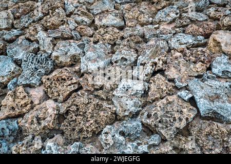 Mur de corail fabriqué à partir de blocs de roches de corail texturées et uniques à Malindi Beach, au Kenya Banque D'Images