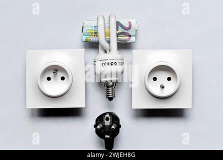 Illustration de l'augmentation du tarif de l'électricité. billet de 20 euros (billet de banque), ampoules et prises de courant sur fond blanc Banque D'Images