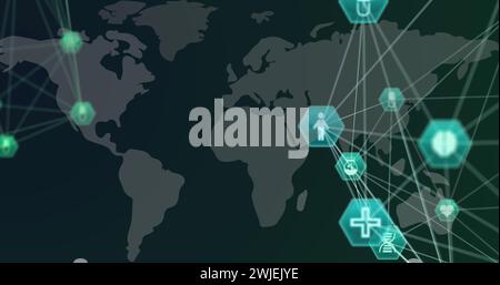 Image de l'interface numérique avec des icônes médicales et réseau de connexions sur la carte du monde Banque D'Images