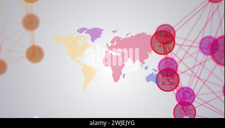 Image de l'interface numérique avec des icônes, carte du monde et globes de réseaux de connexions Banque D'Images