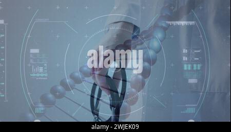 Image d'un brin d'adn et d'un balayage de l'oscilloscope au-dessus d'un stéthoscope tenant la main Banque D'Images