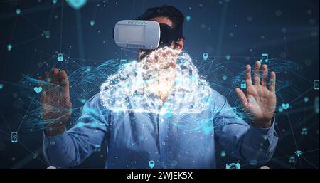 Image de l'interface numérique avec des icônes et un réseau de connexions avec l'homme portant casque VR Banque D'Images