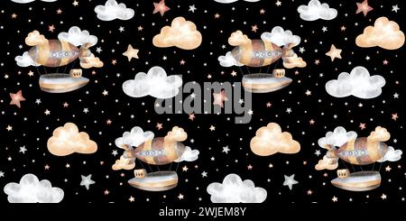 Navire aérien rétro, nuages, étoiles style vintage motif sans couture aquarelle isolé sur blanc. Boho beige, illustration grise dessinée à la main. Pour textile enfant Banque D'Images