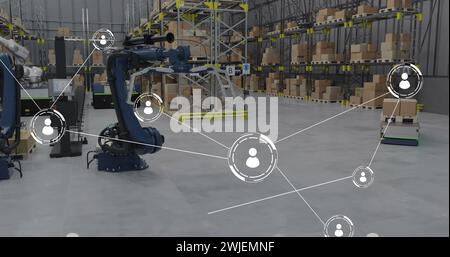 Image du réseau de connexions avec des icônes sur les bras robotiques et les boîtes dans l'entrepôt Banque D'Images