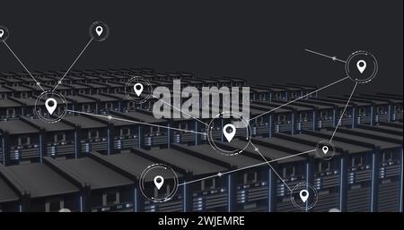 Illustration d'un réseau de connexions avec des icônes sur la salle des serveurs Banque D'Images