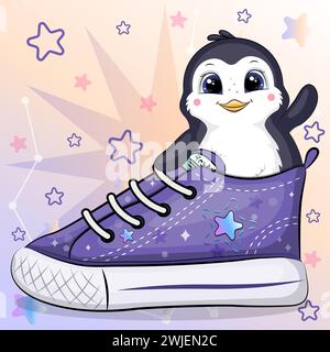 Un pingouin de dessin animé mignon avec une sneaker. Illustration vectorielle d'un animal sur un fond coloré avec des étoiles. Illustration de Vecteur