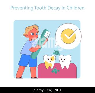 Prévenir la carie dentaire chez l'enfant. Un jeune enfant courageux combat les caries avec une brosse à dents géante, symbolisant les soins dentaires précoces et l'éducation à l'hygiène bucco-dentaire. Illustration de Vecteur