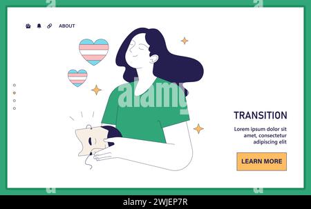 Transition de genre Web ou atterrissage. Vrai soi dans le voyage de sortir, la personne transgenre a amélioré la santé mentale. Dysphorie de genre, nouvelle acceptation identitaire et autonomisation. Illustration vectorielle plate Illustration de Vecteur