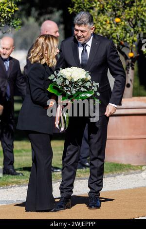 Roma, Italie. 15 février 2024. Foto Roberto Monaldo/LaPresse15-02-2024 Roma Politica Villa Doria Pamphilj - vertice intergovernativo Italia-Romania Nella foto Giorgia Meloni, Marcel Ciolacu (PM Roumanie) 15-02-2024 Rome (Italie) politique Villa Doria Pamphilj - Sommet intergouvernemental Italie-Roumanie dans le pic Giorgia Meloni, Marcel Ciolacu crédit : LaPresse/Alamy Live News Banque D'Images