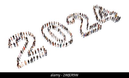 Concept ou conceptuel grande communauté de personnes formant 2024 ans. 3d métaphore de l'illustration pour la célébration, la fête, la fête, l'espoir, l'avenir, prospérité Banque D'Images