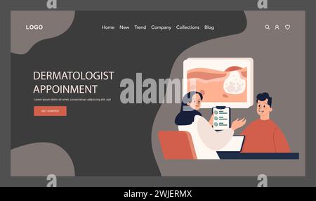 Bannière Web de traitement de l'acné ou page d'atterrissage en mode sombre ou nuit. Dermatologie et diagnostic cosmétologique. Conseils pour une peau du visage saine. Procédé de traitement des points noirs et des boutons. Illustration vectorielle plate Illustration de Vecteur
