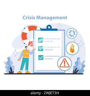 Concept de gestion de crise. Approche détaillée de la préparation aux situations d'urgence, de l'évaluation des risques et des stratégies d'atténuation dans les opérations commerciales. Résolution proactive des problèmes et établissement des priorités en matière de sécurité. Illustration de Vecteur