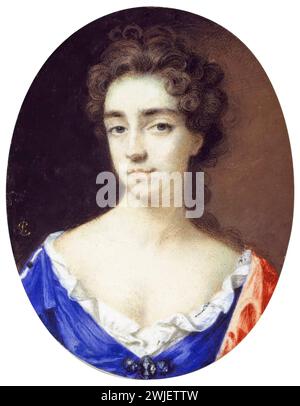 Catherine Sedley (1657-1717), comtesse de Dorchester, courtisan anglais et maîtresse du roi Jacques II d'Angleterre, portrait miniature aquarelle sur vélin par Peter Cross, 1685-1690 Banque D'Images