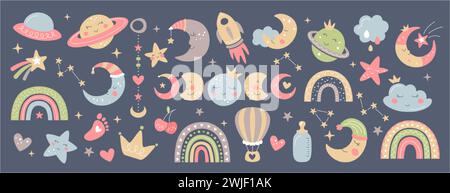 Éléments de chambre de bébé bohémien. Collection céleste dessinée à la main avec arc-en-ciel mignon, lune, nuages, ballon, fusée, coeurs et empreinte de bébé. Décoration nouveau-né avec des étoiles et des planètes pour la chambre à coucher. Illustration de Vecteur