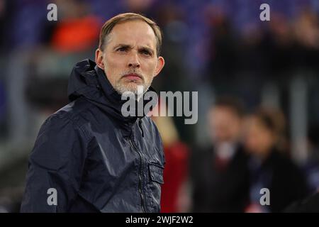 Thomas Tuchel entraîneur-chef du Bayern Munchen avant le match de la Ligue des Champions entre le SS Lazio et le FC Bayern Munchen au stade Olimpico à Rome (Italie), le 14 février 2024. Banque D'Images