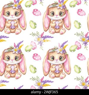 Lapin à motif sans couture avec des fleurs, des feuilles, des plumes. Chasse aux œufs. Joyeuses Pâques 2024. Clipart animal de printemps de personnage de lapin. Aquarelle dessinée à la main Banque D'Images