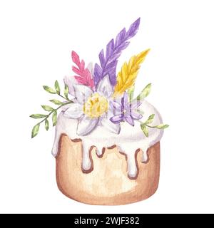 Pain gâteau de Pâques Kulich avec glaçage blanc, fleur de narcisse, plumes violettes roses. Joyeuses Pâques 2024 clipart. Chasse aux œufs. Aquarelle dessinée à la main Banque D'Images