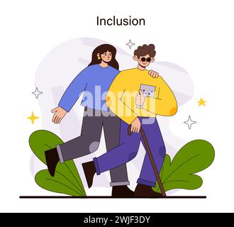 Concept d'inclusion. Compagnie joyeuse avec l'aide à la mobilité, soulignant la chaleur d'une société inclusive. Célébrer diverses capacités et expériences partagées. Illustration vectorielle plate. Illustration de Vecteur