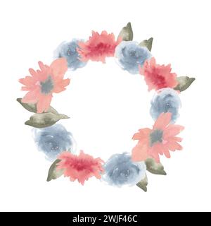 Couronne de fleurs abstraites à l'aquarelle. Arrangement floral bleu et rose avec des feuilles vertes pour invitation, étiquette, logo, conception de carte de voeux Banque D'Images